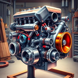 A highly detailed illustration of a high-spec engine, showcasing its intricate mechanical components such as pistons, valves, and turbochargers