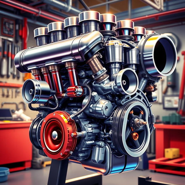 A highly detailed illustration of a high-spec engine, showcasing its intricate mechanical components such as pistons, valves, and turbochargers