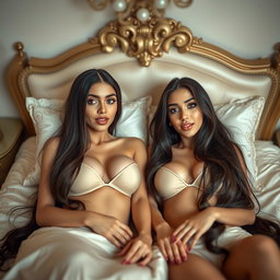 Two gorgeous young Arabic twin sisters with long brunette hair, characterized by their thin and petite figures, featuring small busts and small booties