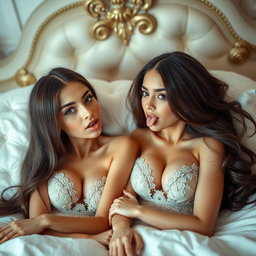 Two gorgeous young Arabic twin sisters with long brunette hair, characterized by their thin and petite figures, featuring small busts and small booties
