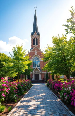 A beautiful and serene church set in a picturesque landscape, surrounded by vibrant green trees and colorful flowers in full bloom