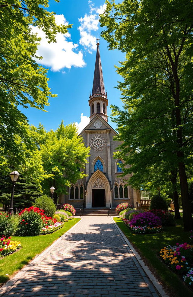 A beautiful and serene church set in a picturesque landscape, surrounded by vibrant green trees and colorful flowers in full bloom
