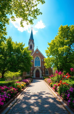 A beautiful and serene church set in a picturesque landscape, surrounded by vibrant green trees and colorful flowers in full bloom