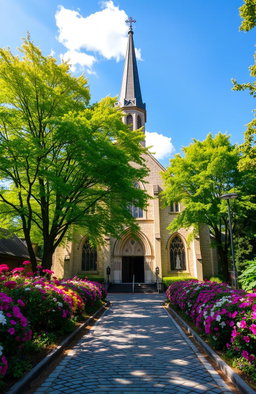 A beautiful and serene church set in a picturesque landscape, surrounded by vibrant green trees and colorful flowers in full bloom