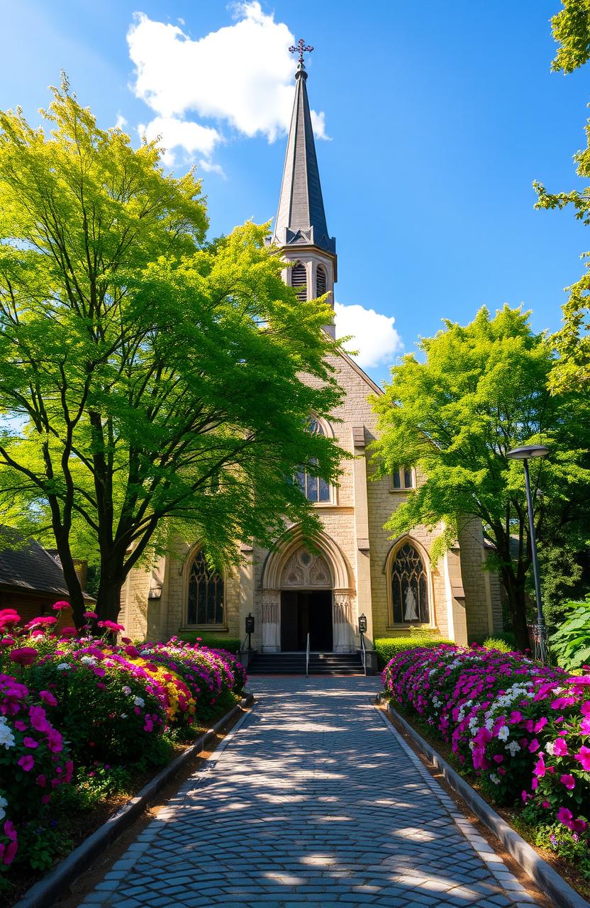 A beautiful and serene church set in a picturesque landscape, surrounded by vibrant green trees and colorful flowers in full bloom