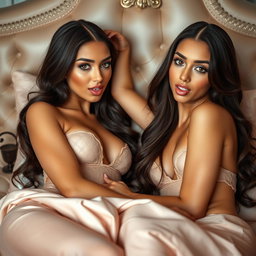 Two gorgeous young tan Arabic twin sisters with long brunette hair, characterized by their thin and petite figures, having small busts and small booties
