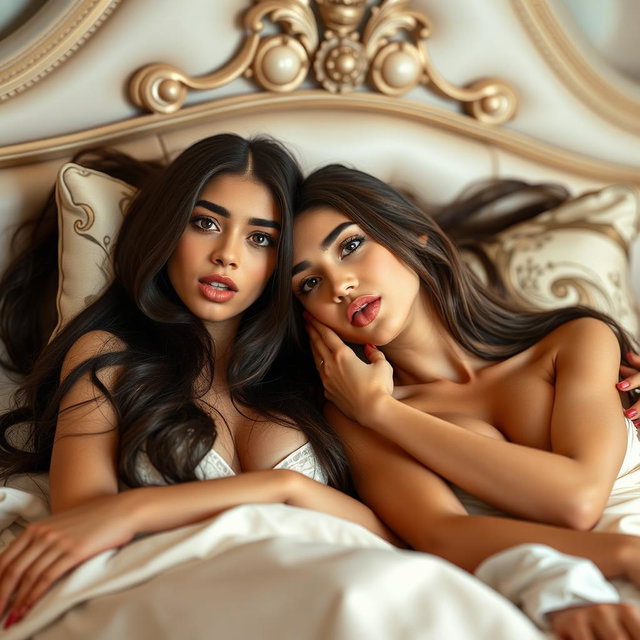 Two gorgeous young tan Arabic twin sisters with long brunette hair, characterized by their thin and petite figures, having small busts and small booties