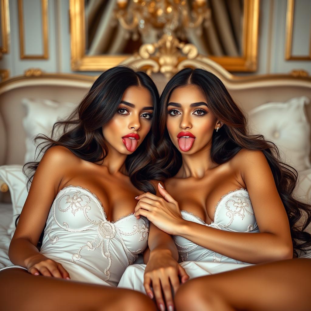 Two gorgeous young tan Arabic twin sisters with long brunette hair, characterized by their thin and petite figures, having small busts and small booties