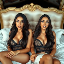 Two gorgeous young tan Arabic twin sisters with long brunette hair, characterized by their thin and petite figures, small busts and small booties, wearing alluring lingerie