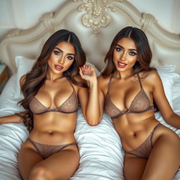 Two gorgeous young tan Arabic twin sisters with long brunette hair, characterized by their thin and petite figures, small busts and small booties, wearing alluring lingerie