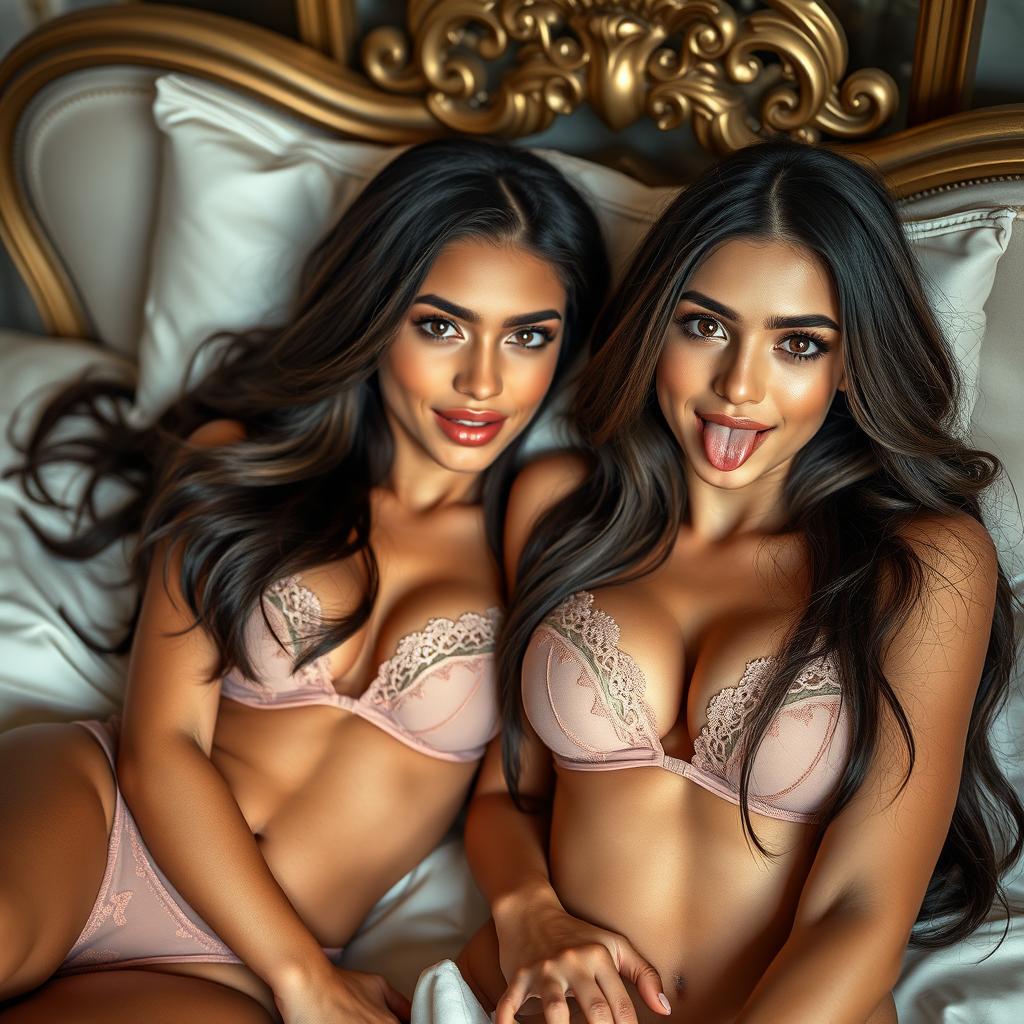 Two gorgeous young tan Arabic twin sisters with long brunette hair, characterized by their thin and petite figures, small busts and small booties, wearing alluring lingerie