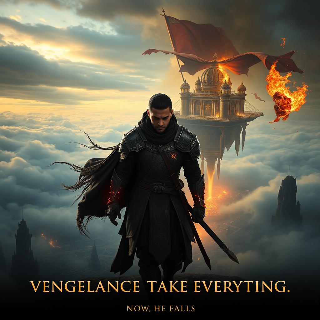 A dark fantasy movie poster featuring a lone warrior named Sian standing at the edge of a massive floating city called Solivara, high above the clouds