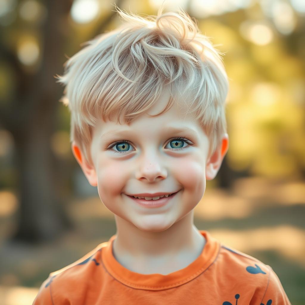 A portrait of a charming blonde boy with bright green eyes
