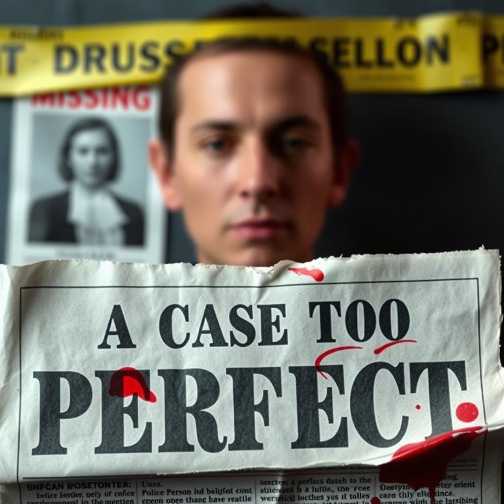 A torn newspaper with the bold title 'A Case Too Perfect' printed in bold letters, smeared with blood for a dramatic effect