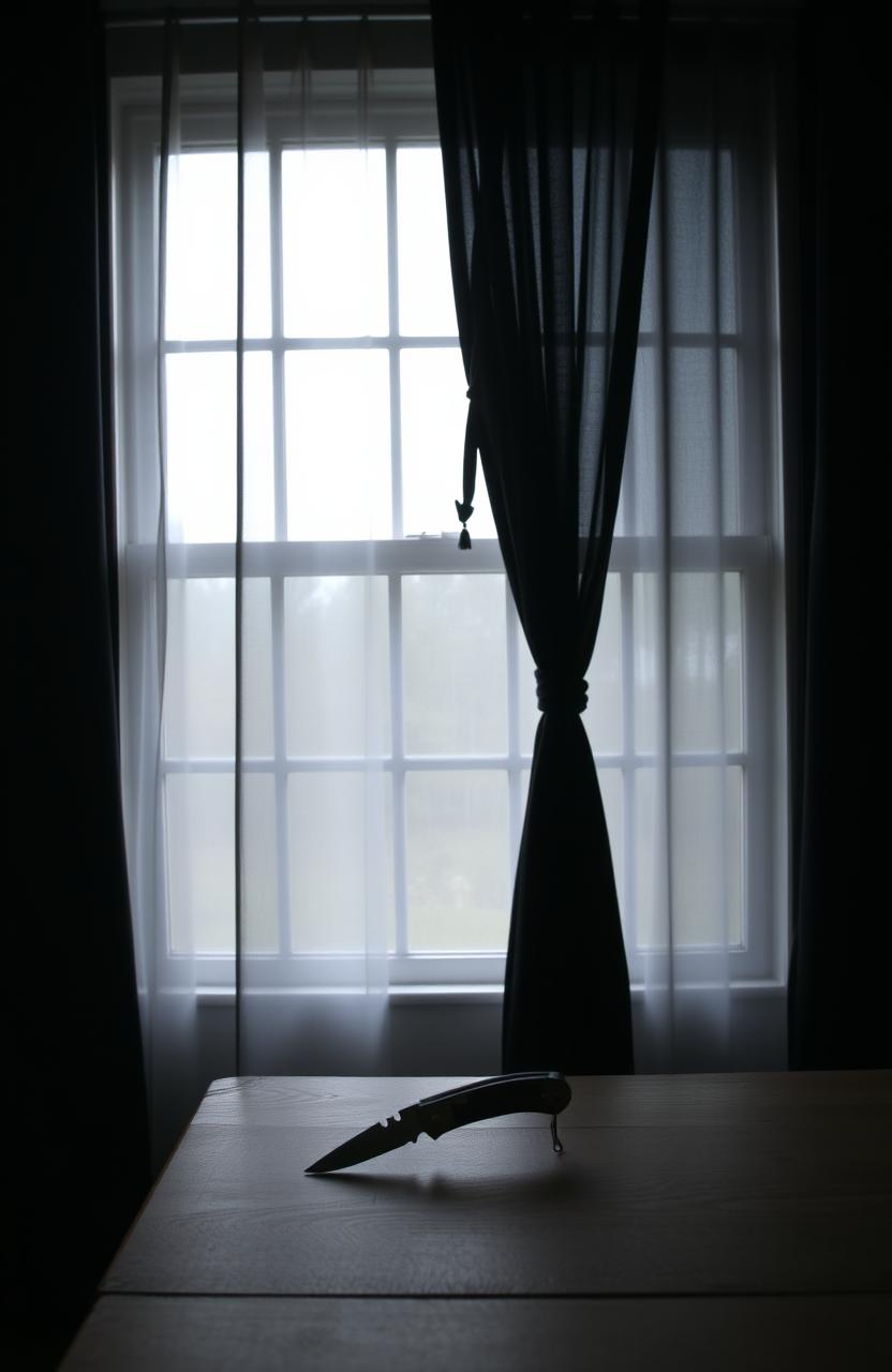 An interior scene featuring a large window adorned with a dark black curtain, providing a stark contrast to the simple decor of a modest house