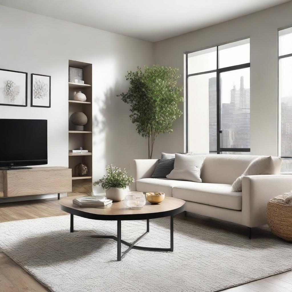 Create a modern and chic living room with sleek furniture, light color schemes, and minimalistic decor