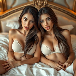 Two gorgeous young tan Arabic twin sisters with long brunette hair, characterized by their thin and petite figures, having small cup sizes and small booties