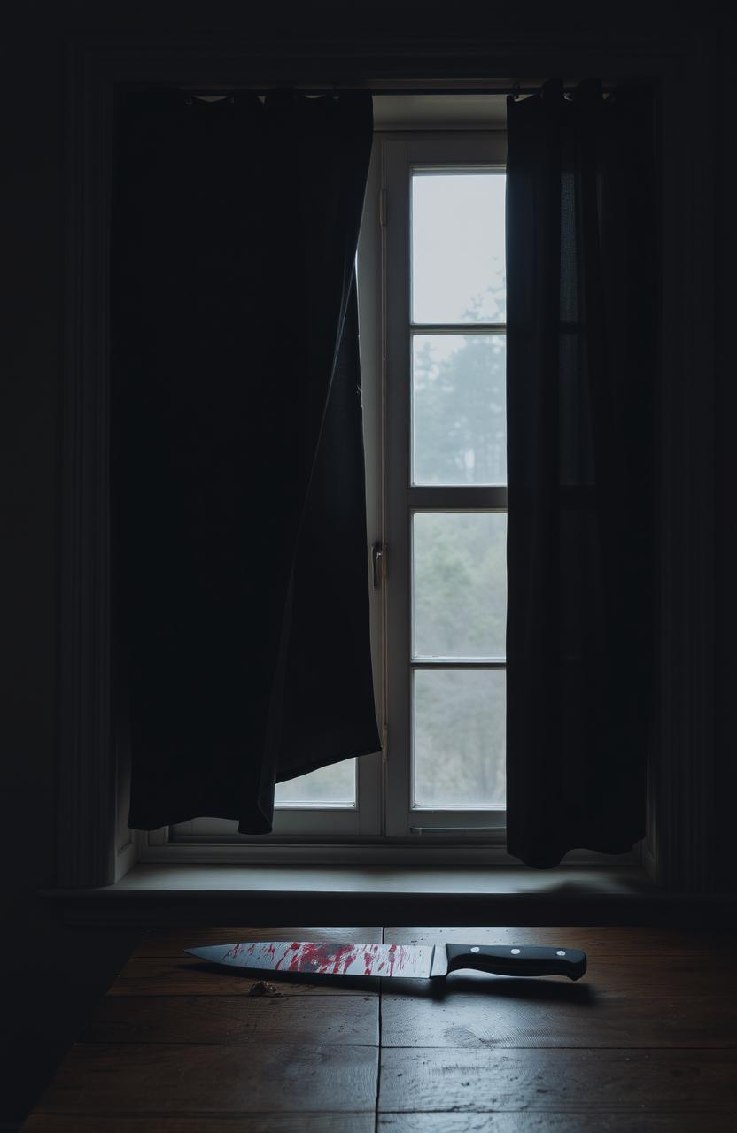 A large window in a simple house, featuring a dark black curtain partially drawn with a small gap open, allowing rays of light to peek through