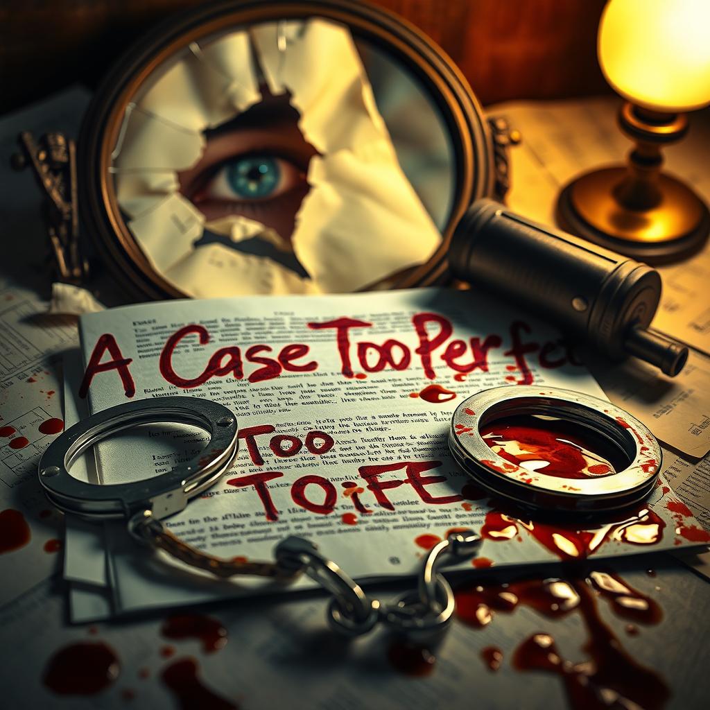 A dramatic and intense crime scene setup featuring blood-stained handcuffs lying on an open case file scattered with clues