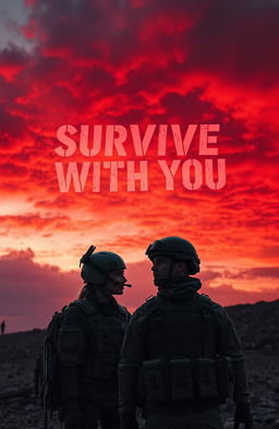 A dramatic scene featuring a male soldier and a female soldier standing side by side, gazing intently at a vivid red sky filled with clouds at dusk