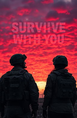 A dramatic scene featuring a male soldier and a female soldier standing side by side, gazing intently at a vivid red sky filled with clouds at dusk