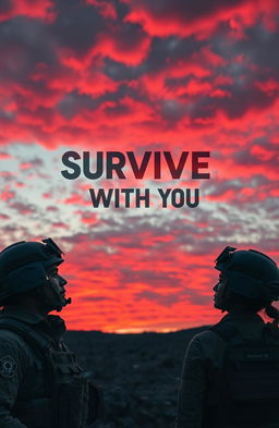 A dramatic scene featuring a male soldier and a female soldier standing side by side, gazing intently at a vivid red sky filled with clouds at dusk