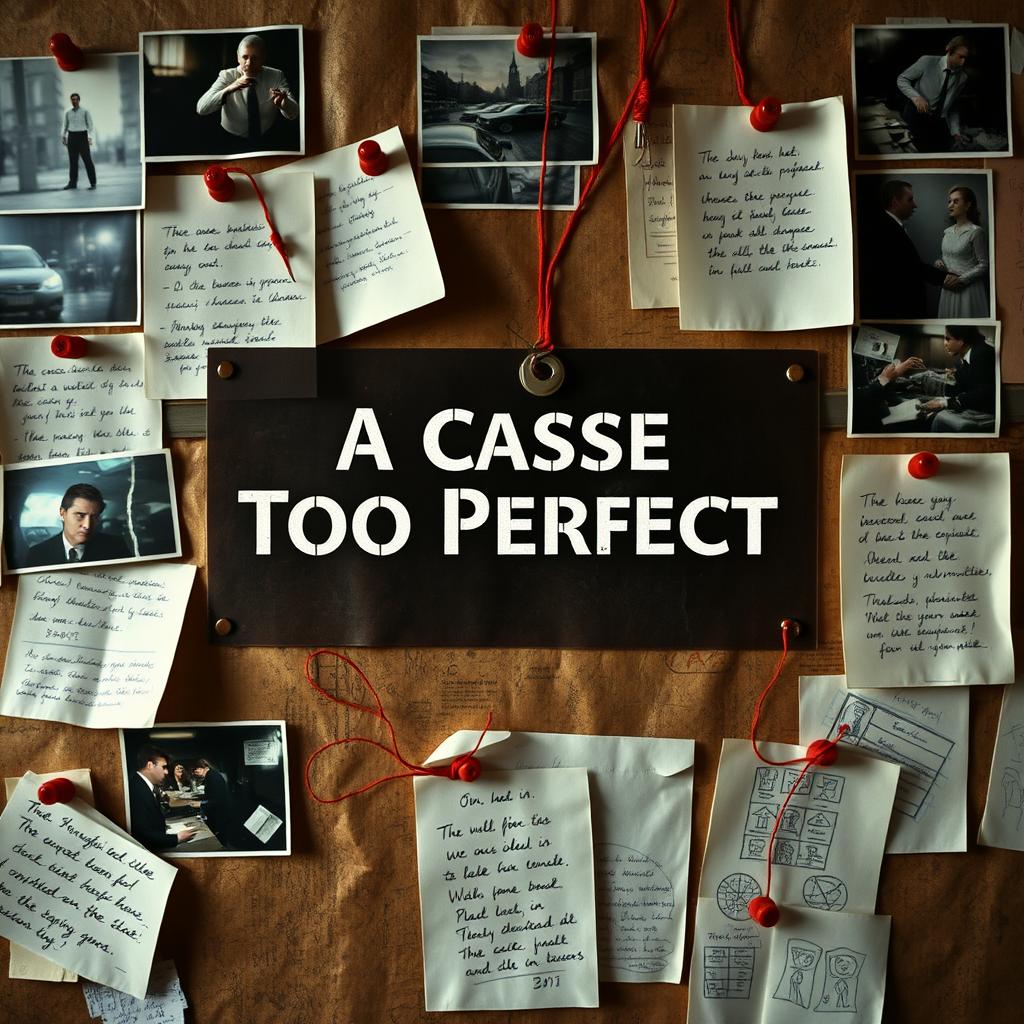 A detective's cluttered evidence board filled with pinned notes and blurry photos showing various crime scenes, interconnected with red string