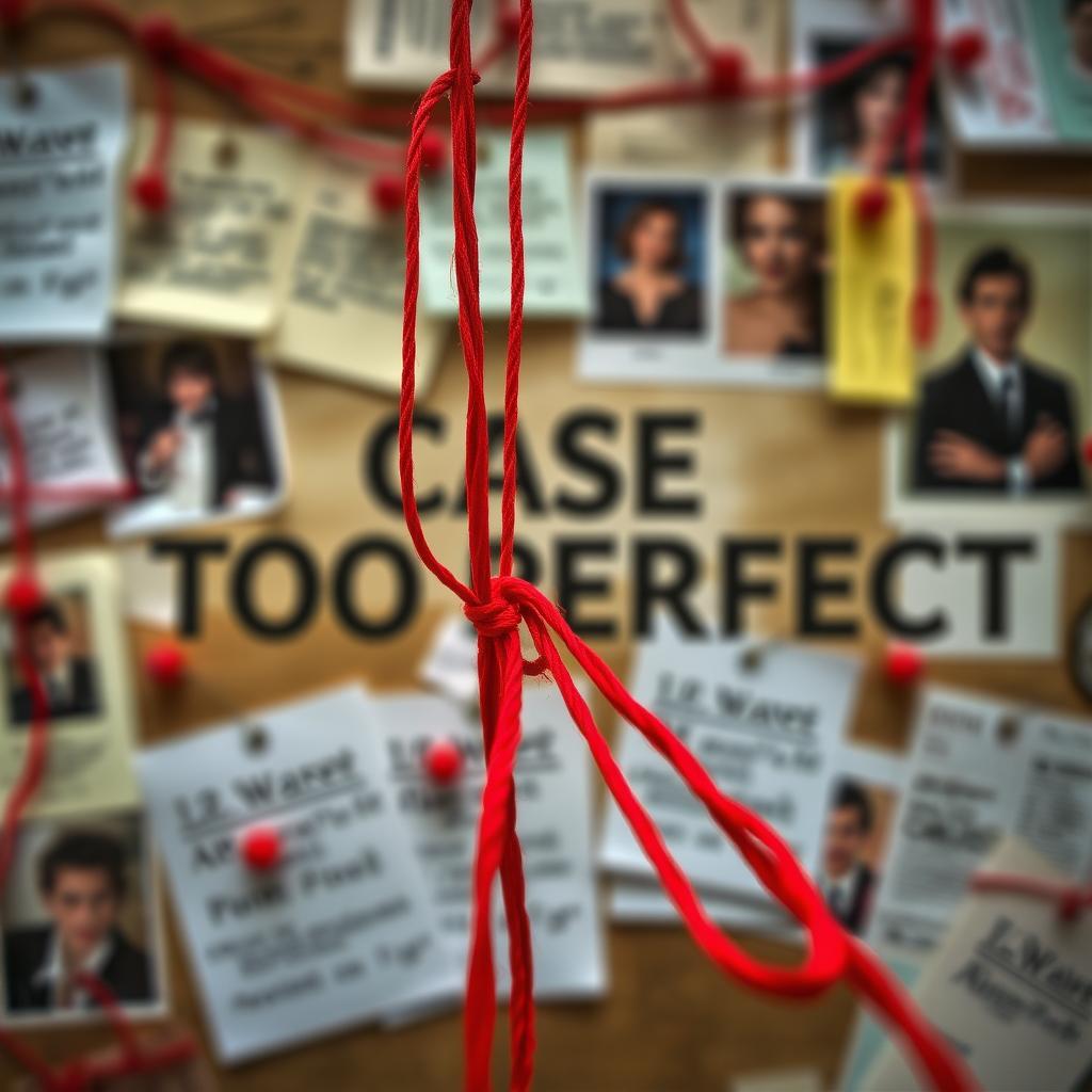 A detective's evidence board filled with pinned notes, photos, and red string, with the background dramatically blurred to emphasize the vibrant red string and the bold title "A Case Too Perfect"
