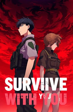 A male and female soldier standing side by side, gazing intently at a dramatic red sky filled with swirling clouds, symbolizing tension and uncertainty