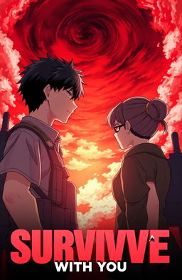 A male and female soldier standing side by side, gazing intently at a dramatic red sky filled with swirling clouds, symbolizing tension and uncertainty