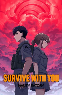 A male and female soldier standing side by side, gazing intently at a dramatic red sky filled with swirling clouds, symbolizing tension and uncertainty