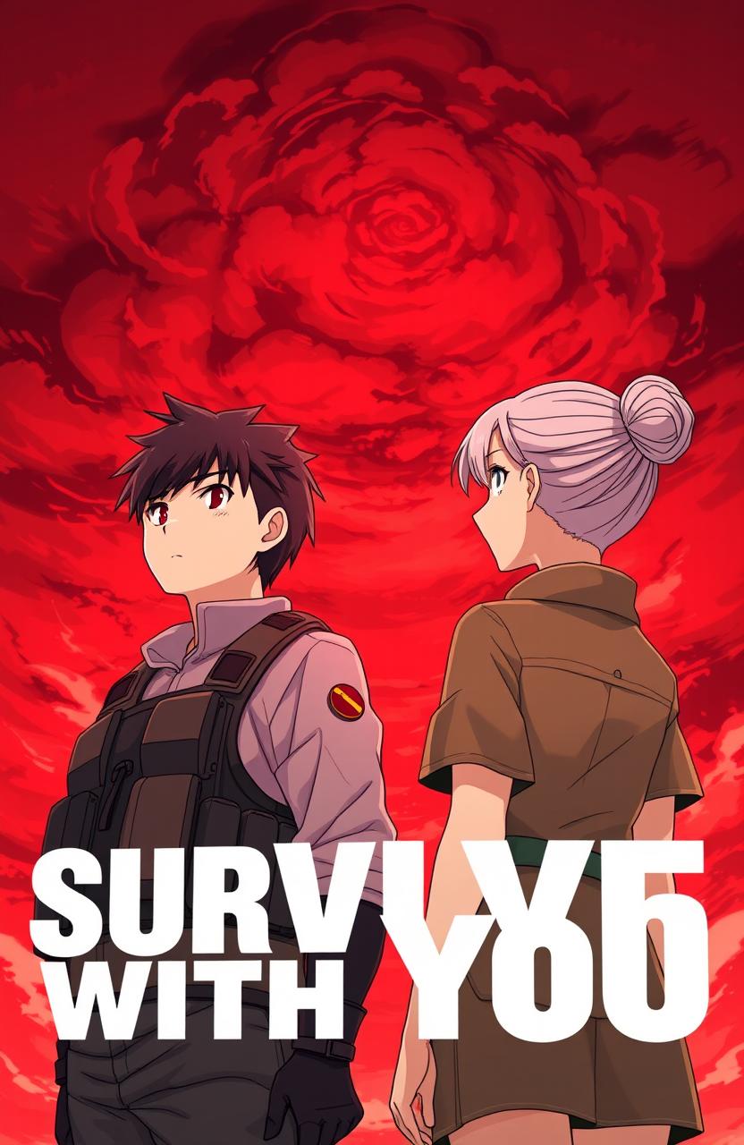 A male and female soldier standing side by side, gazing intently at a dramatic red sky filled with swirling clouds, symbolizing tension and uncertainty