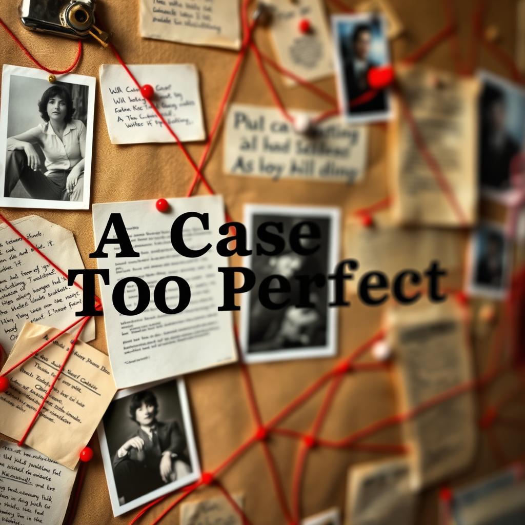 A detective's evidence board, intricately detailed with pinned notes, photographs, and vibrant red string interconnecting various clues