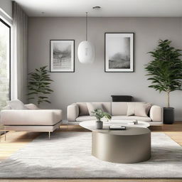 Create a modern and chic living room with sleek furniture, light color schemes, and minimalistic decor