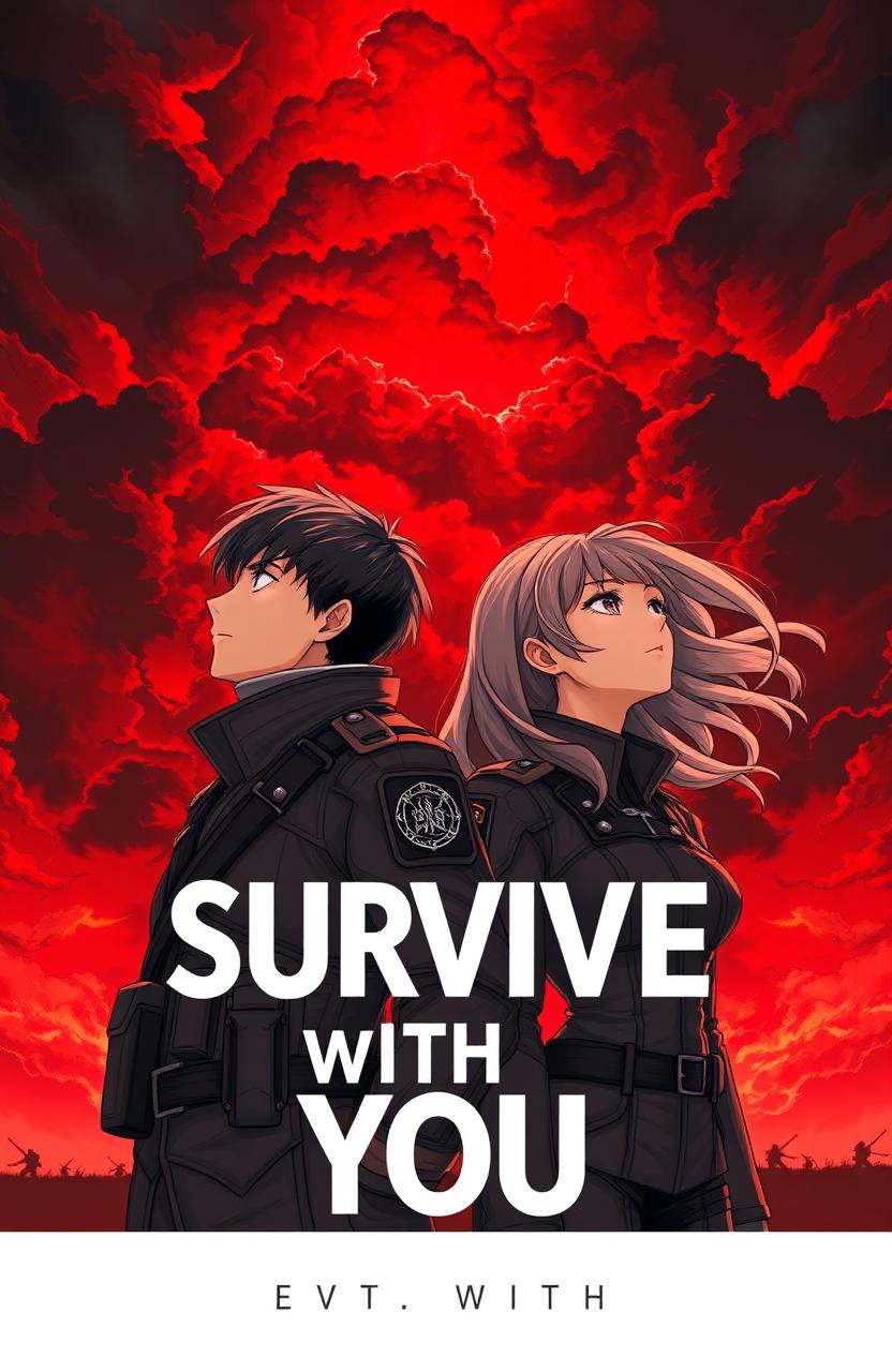 A male and female soldier stand together, gazing up at a striking, fiery red sky filled with dramatic clouds