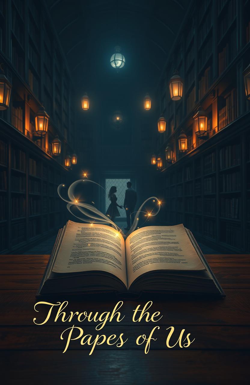 A grand, dimly lit library at night, filled with towering bookshelves and the warm glow of antique lanterns