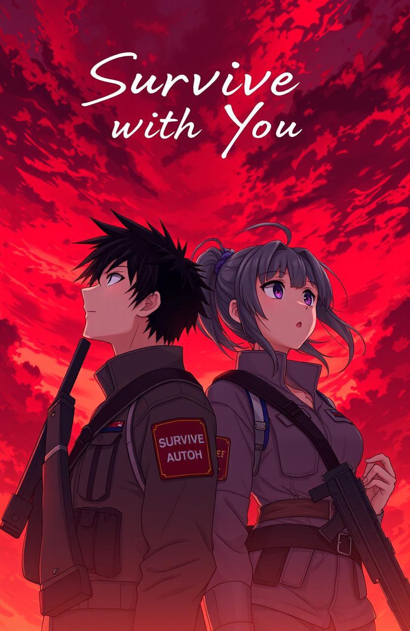 In a captivating anime style, a male and female soldier are depicted standing side by side, both gazing intently at a striking red sky filled with swirling clouds of crimson and orange, evoking a sense of urgency and drama