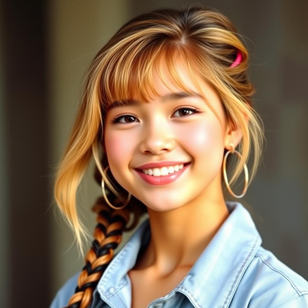 A stunning yearbook portrait of a female from the 2000s era, featuring stylish hair and fashion typical of that time