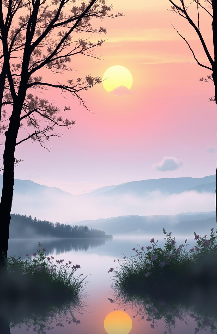 A dreamy landscape featuring a serene sunset over a tranquil lake, with soft pastel colors in the sky reflecting on the water