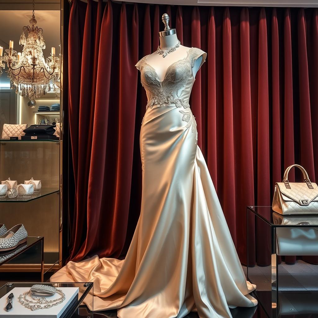A luxurious clothing display featuring an elegant evening gown made of shimmering silk, adorned with intricate lace details and delicate beadwork