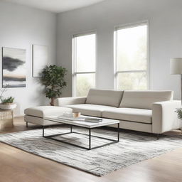 Create a modern and chic living room with sleek furniture, light color schemes, and minimalistic decor