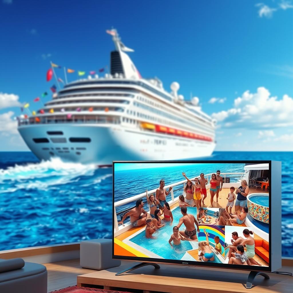 An imaginative scene featuring a colorful luxury cruise ship sailing on a vibrant ocean