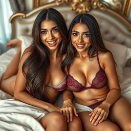 Two gorgeous young tan Arabic twin sisters with long brunette hair, defined by their thin and petite figures, small cup sizes and small booties, clad in seductive lingerie