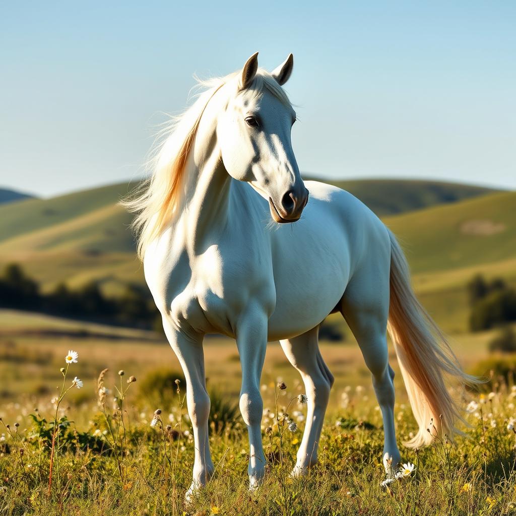 A stunning, majestic white horse standing gracefully in a serene meadow