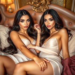 Two gorgeous young tan Arabic twin sisters with long brunette hair, defined by their thin and petite figures, featuring small cup sizes and small booties