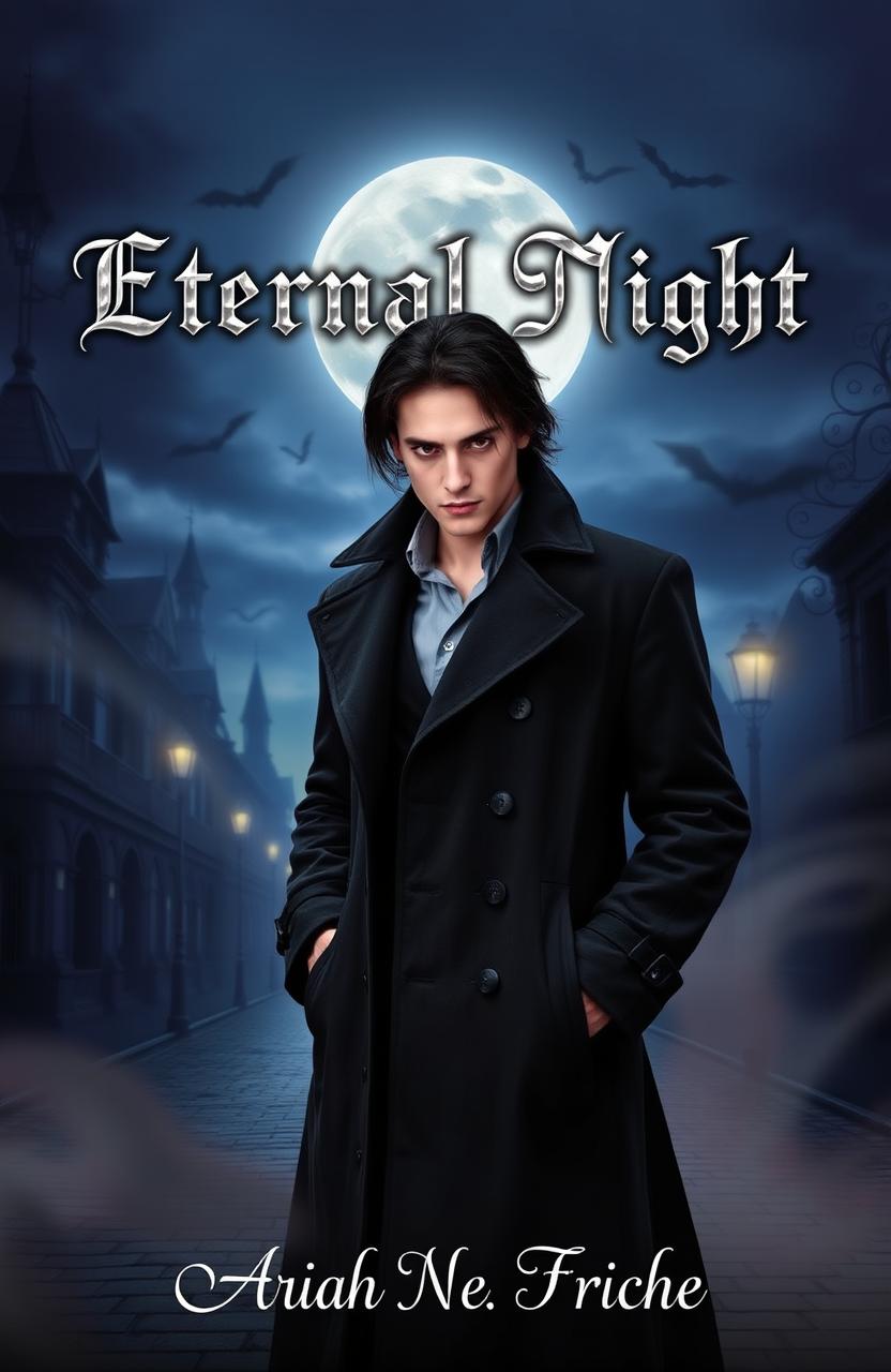 A captivating vampire novel cover featuring a mysterious dark-haired vampire with piercing red eyes, dressed in an elegant black trench coat, standing on a cobblestone street at twilight