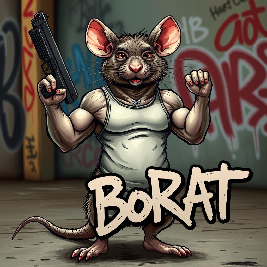 A bodybuilder rat standing confidently while holding a gun, showcasing well-defined muscles, wearing a small tank top that accentuates its physique