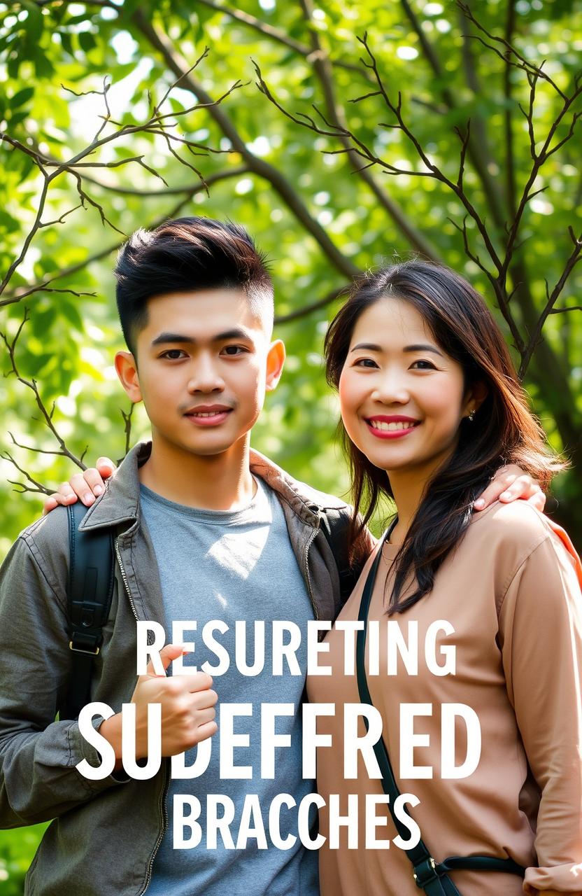 A young man and his mother standing proudly together, their expressions showcasing determination and strength as they symbolize the metaphor of "resurrecting submerged branches"