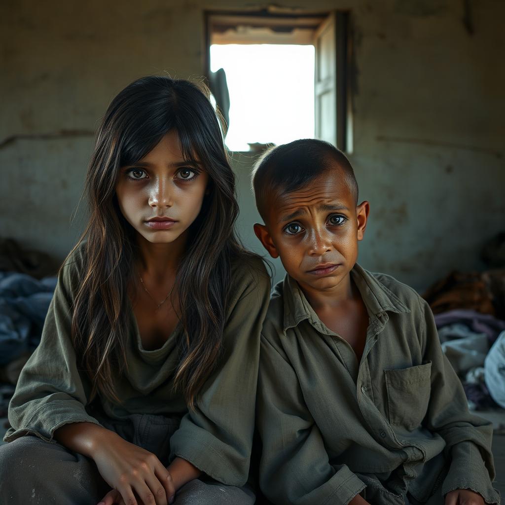 A scene depicting a young adult and their mother with weary expressions, sitting together in an impoverished environment