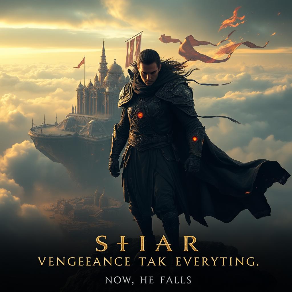 A dark fantasy movie poster featuring a lone warrior named Sian standing at the edge of a massive floating city known as Solivara, high above the clouds